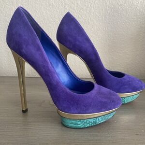 B Brian Atwood Purple Suede Green Snakeprint Gold Platform High Heel Pump sz 8.5